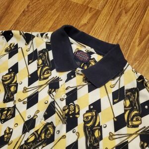 Vintage Golf Polo Shirt Men Large Yellow Blue Geometric Golf Club Kenneth Gordon